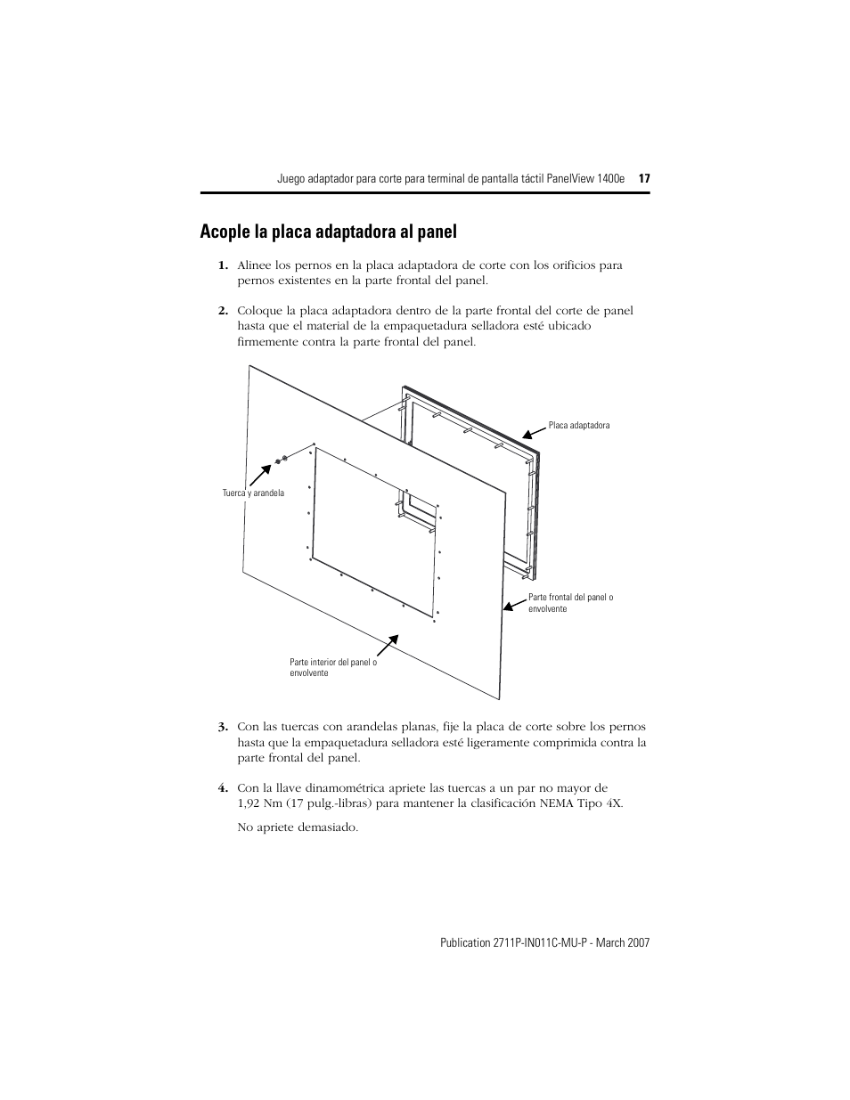 Acople la placa adaptadora al panel | Rockwell Automation 2711p-RAK15, -RAT15 Adapter Kit for PanelView 1400e Touch Terminal User Manual | Page 17 / 28