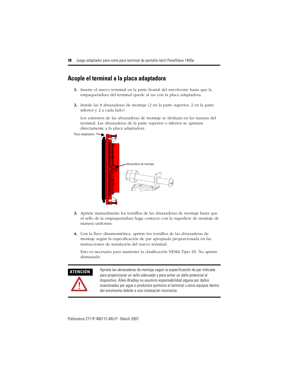 Acople el terminal a la placa adaptadora | Rockwell Automation 2711p-RAK15, -RAT15 Adapter Kit for PanelView 1400e Touch Terminal User Manual | Page 18 / 28