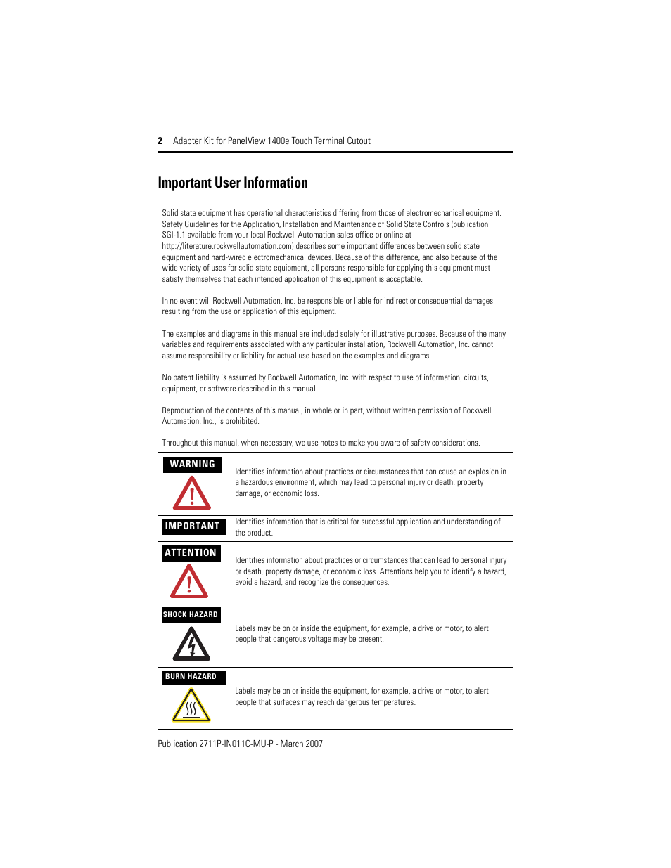 Important user information | Rockwell Automation 2711p-RAK15, -RAT15 Adapter Kit for PanelView 1400e Touch Terminal User Manual | Page 2 / 28