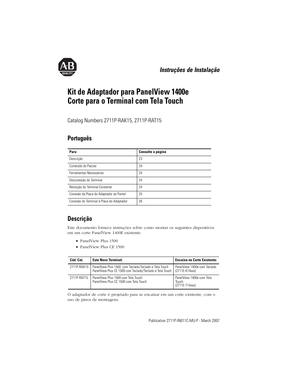 Português, Descrição, Instruções de instalação | Português descrição | Rockwell Automation 2711p-RAK15, -RAT15 Adapter Kit for PanelView 1400e Touch Terminal User Manual | Page 23 / 28