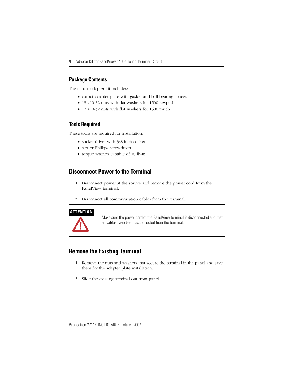 Package contents, Tools required, Disconnect power to the terminal | Remove the existing terminal | Rockwell Automation 2711p-RAK15, -RAT15 Adapter Kit for PanelView 1400e Touch Terminal User Manual | Page 4 / 28