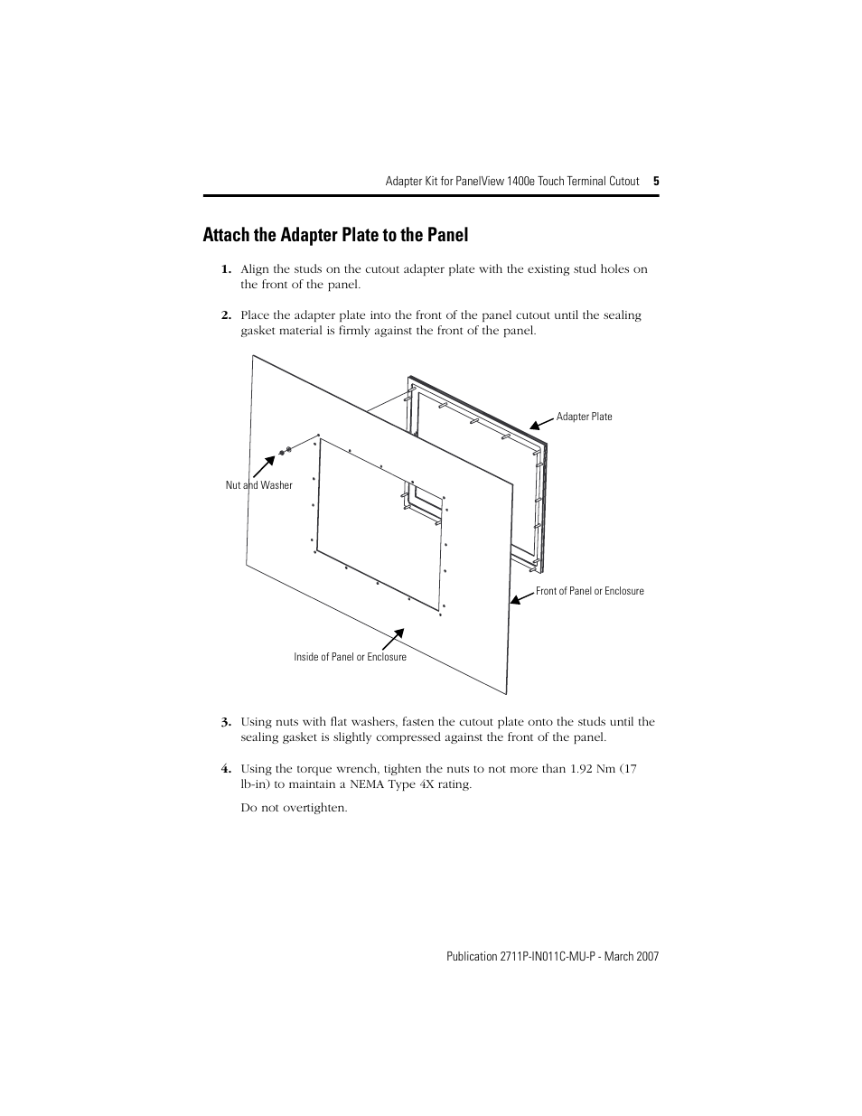 Attach the adapter plate to the panel | Rockwell Automation 2711p-RAK15, -RAT15 Adapter Kit for PanelView 1400e Touch Terminal User Manual | Page 5 / 28