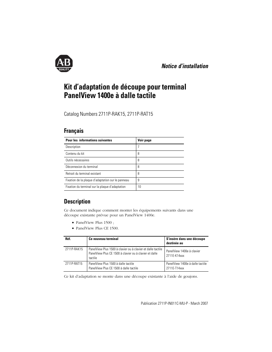 Français, Description, Notice d’installation | Français description | Rockwell Automation 2711p-RAK15, -RAT15 Adapter Kit for PanelView 1400e Touch Terminal User Manual | Page 7 / 28