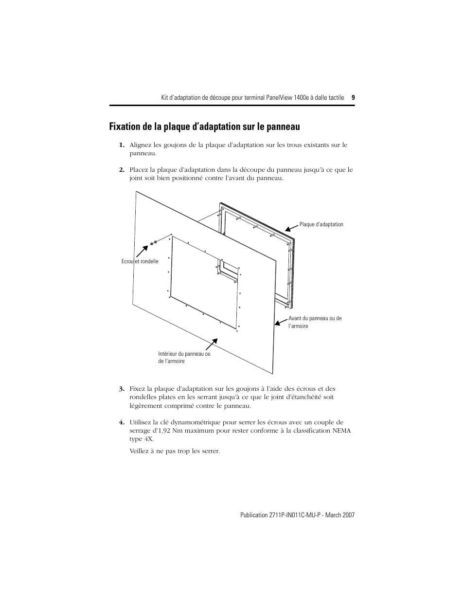 Fixation de la plaque d’adaptation sur le panneau | Rockwell Automation 2711p-RAK15, -RAT15 Adapter Kit for PanelView 1400e Touch Terminal User Manual | Page 9 / 28