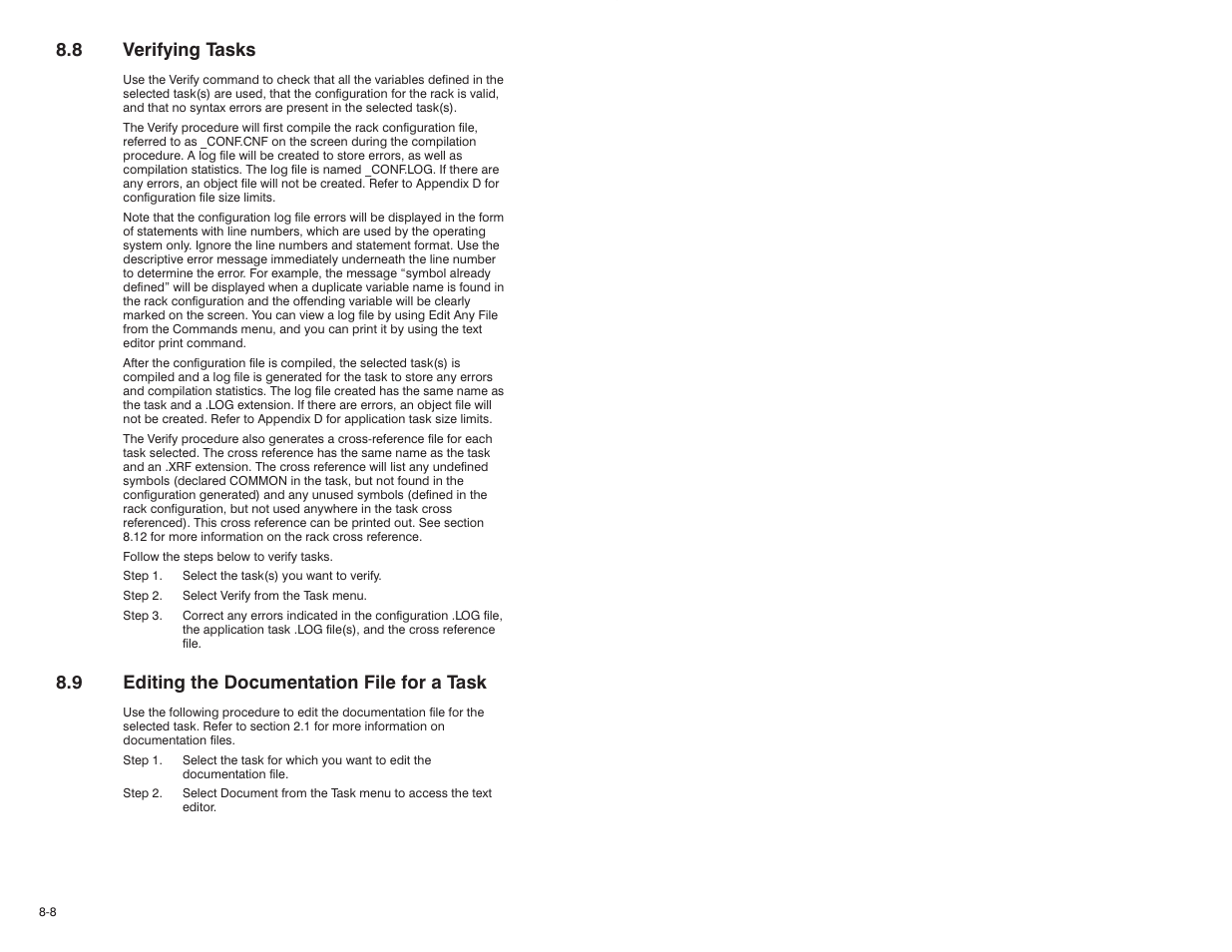 8 verifying tasks, 9 editing the documentation file for a task | Rockwell Automation 47C626 AutoMax Programming Executive V4.2 User Manual | Page 130 / 278