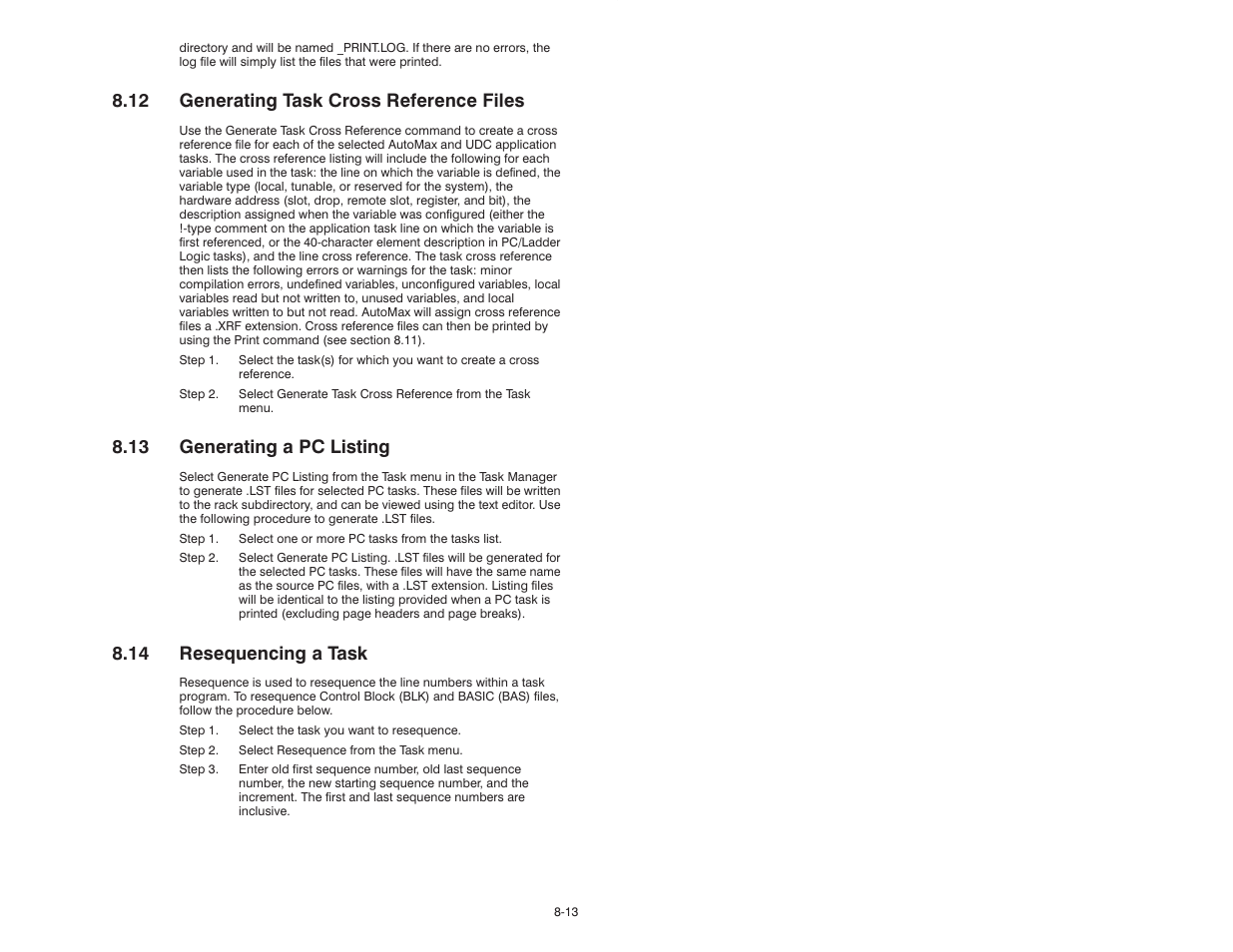 12 generating task cross reference files, 13 generting a pc listing, 14 resequencing a task | 13 generating a pc listing | Rockwell Automation 47C626 AutoMax Programming Executive V4.2 User Manual | Page 135 / 278