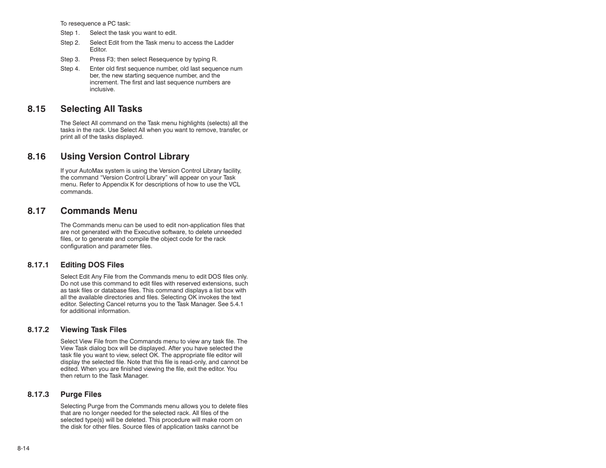 15 selecting all tasks, 16 using version control library, 17 commands menu | Rockwell Automation 47C626 AutoMax Programming Executive V4.2 User Manual | Page 136 / 278