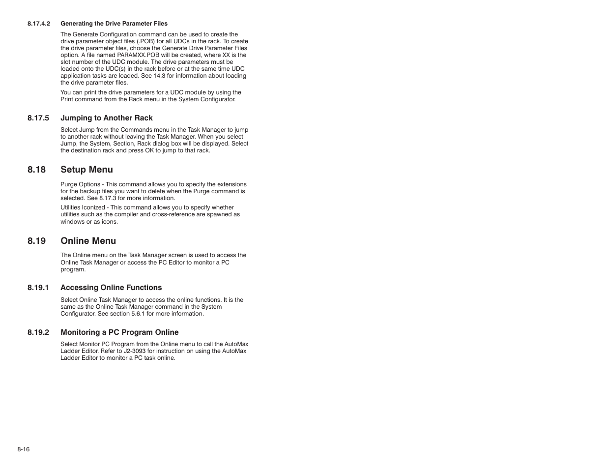 18 setup menu, 19 online menu | Rockwell Automation 47C626 AutoMax Programming Executive V4.2 User Manual | Page 138 / 278