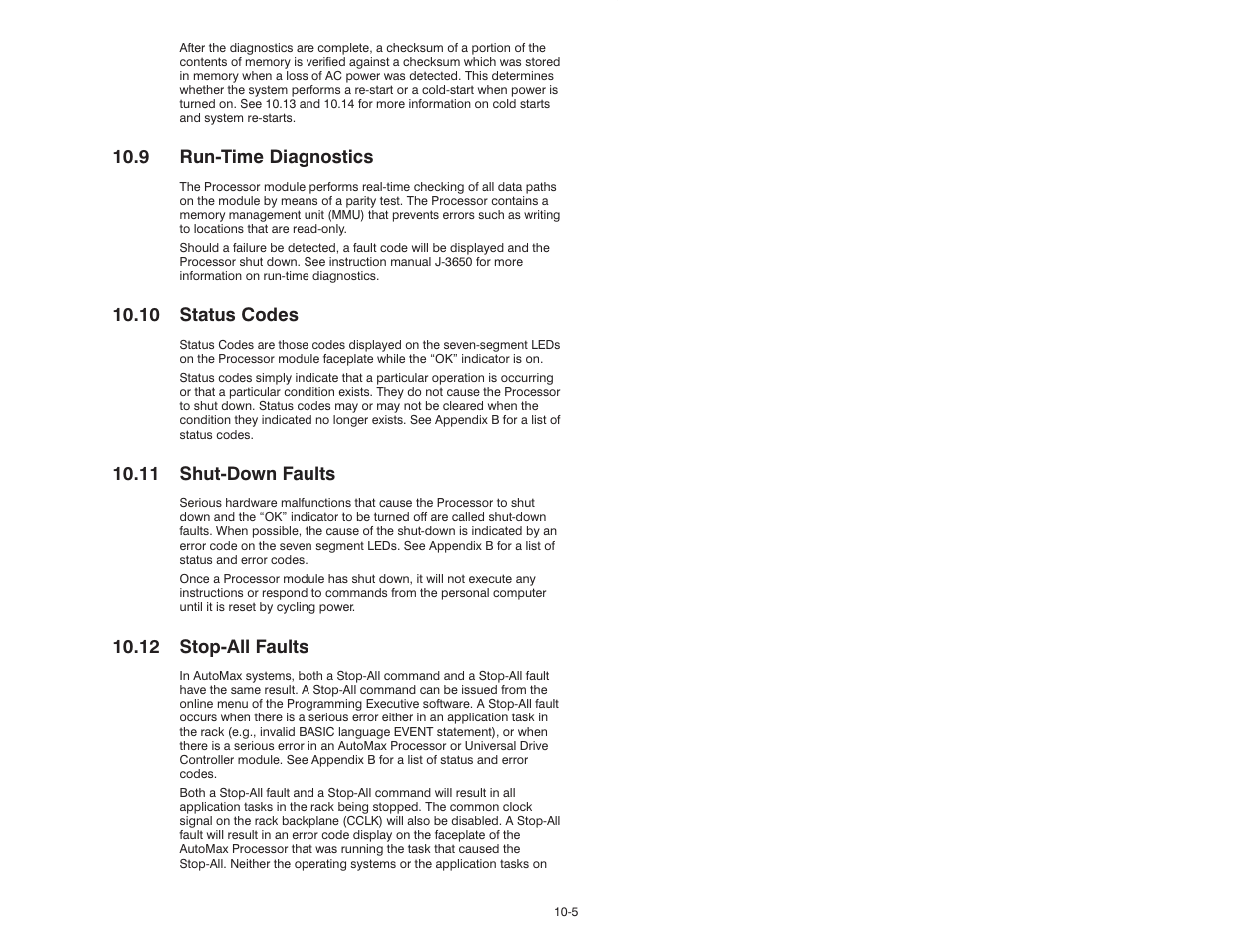 9 run-time diagnostics, 10 status codes, 11 shut-down faults | 12 stop-all faults, 9 runćtime diagnostics, 11 shutćdown faults, 12 stopćall faults | Rockwell Automation 47C626 AutoMax Programming Executive V4.2 User Manual | Page 149 / 278
