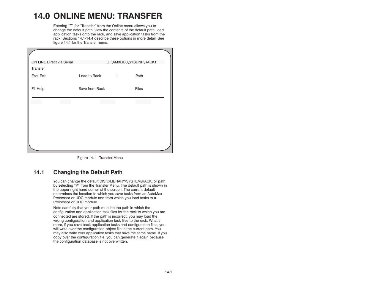 0 online menu: transfer, 1 changing the default path | Rockwell Automation 47C626 AutoMax Programming Executive V4.2 User Manual | Page 173 / 278