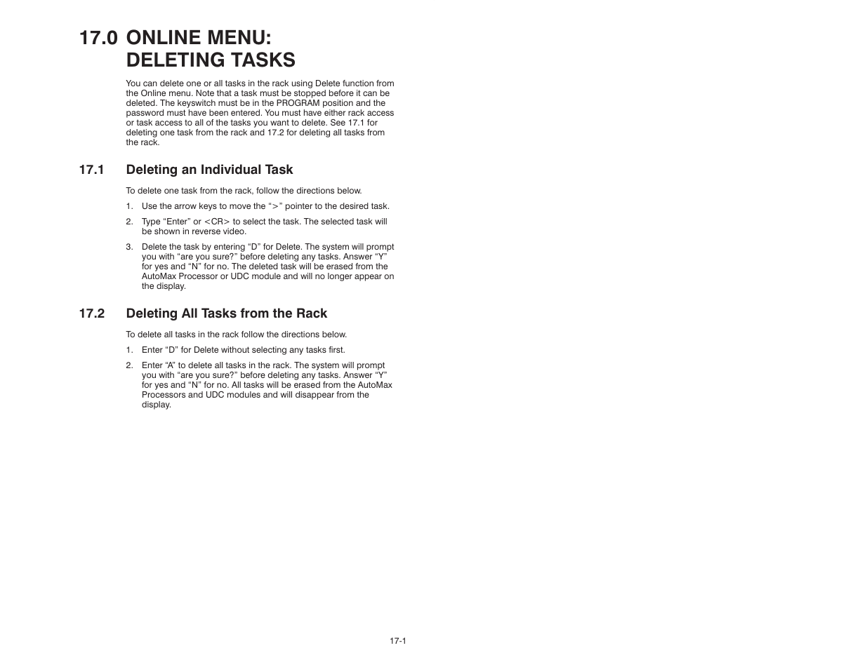 0 online menu: deleting tasks, 1 deleting an individual task, 2 deleting all tasks from the rack | Rockwell Automation 47C626 AutoMax Programming Executive V4.2 User Manual | Page 185 / 278
