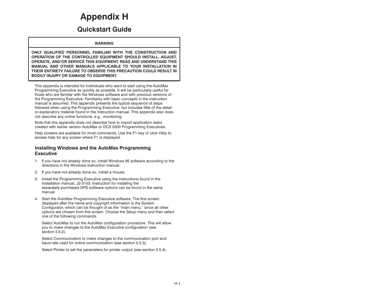 H quickstart guide, Appendix h, Quickstart guide | Rockwell Automation 47C626 AutoMax Programming Executive V4.2 User Manual | Page 243 / 278