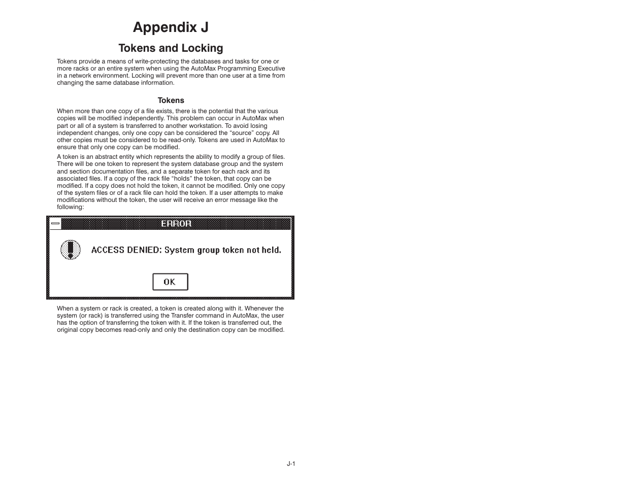 J tokens and locking, Appendix j, Tokens and locking | Rockwell Automation 47C626 AutoMax Programming Executive V4.2 User Manual | Page 249 / 278