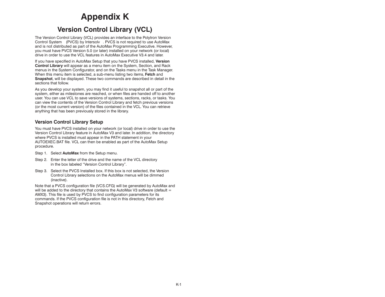 K version control library (vcl), Appendix k, Version control library (vcl) | Rockwell Automation 47C626 AutoMax Programming Executive V4.2 User Manual | Page 259 / 278