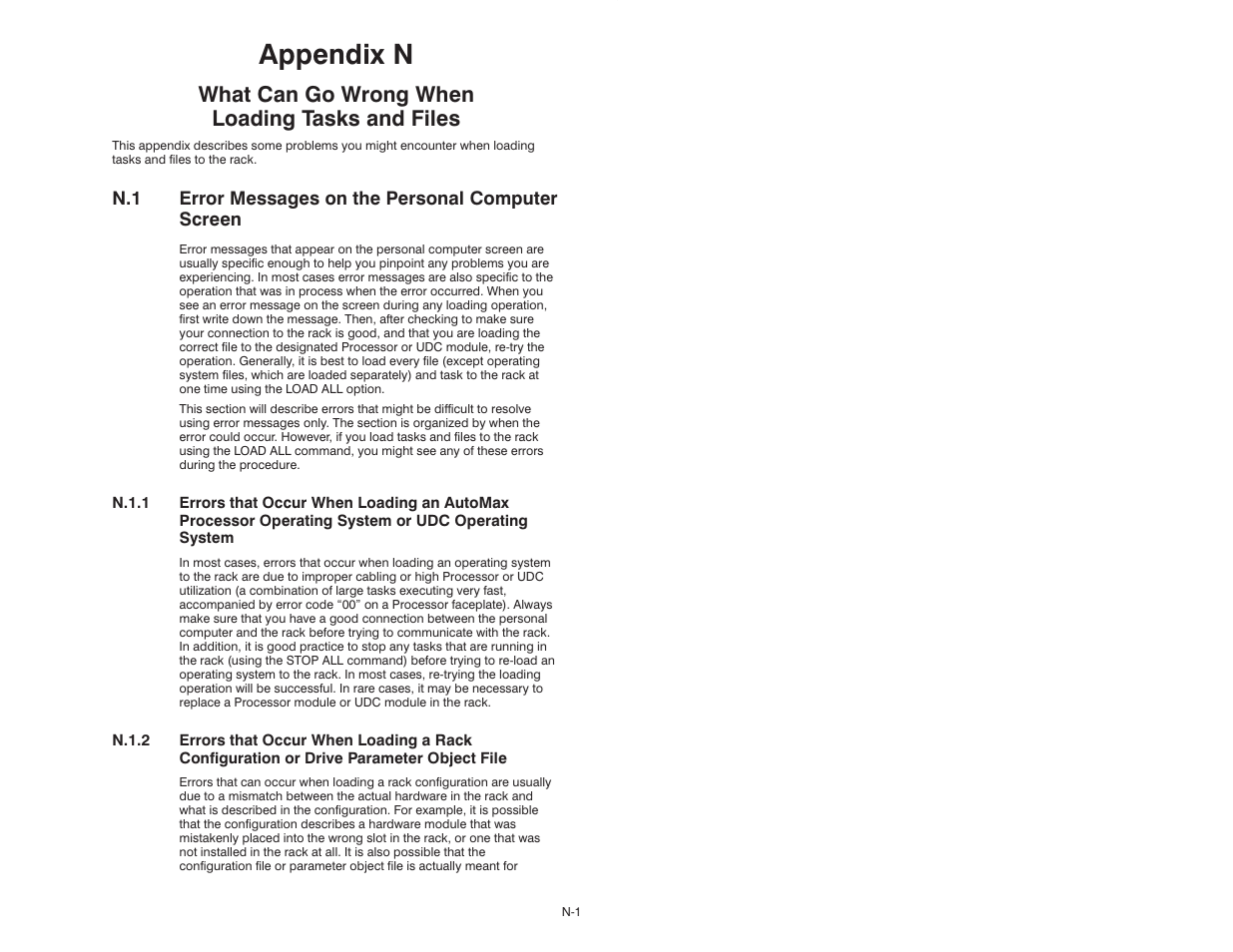 N what can go wrong when loading tasks and files, Appendix n, What can go wrong when loading tasks and files | N.1 error messages on the personal computer screen | Rockwell Automation 47C626 AutoMax Programming Executive V4.2 User Manual | Page 271 / 278