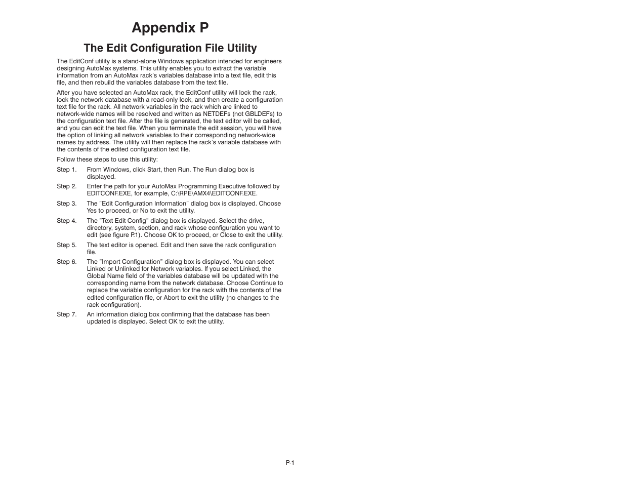 P the edit configuration file utility, Appendix p, The edit configuration file utility | Rockwell Automation 47C626 AutoMax Programming Executive V4.2 User Manual | Page 275 / 278