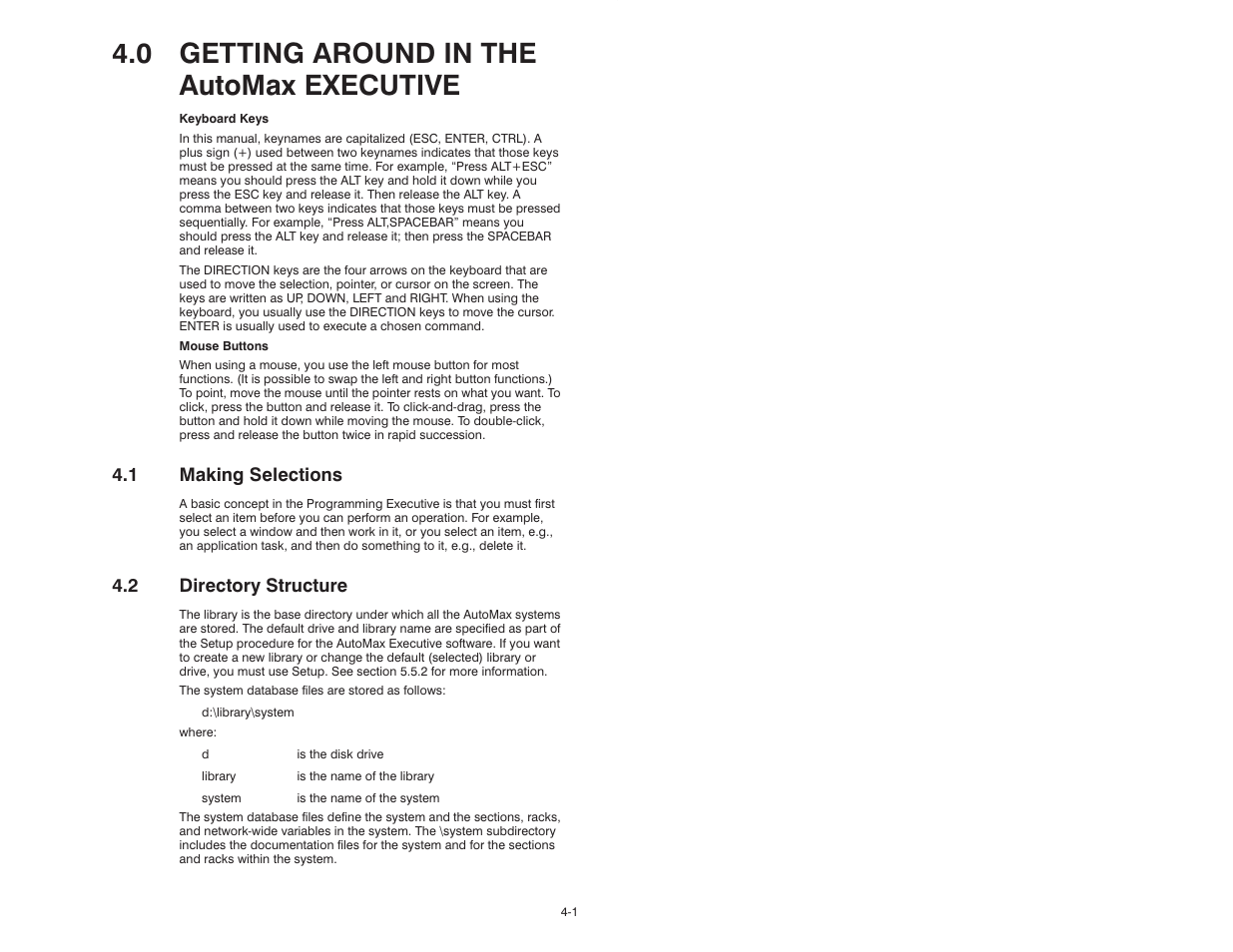 0 getting around in the automax executive, 1 making selections, 2 directory structure | Rockwell Automation 47C626 AutoMax Programming Executive V4.2 User Manual | Page 31 / 278