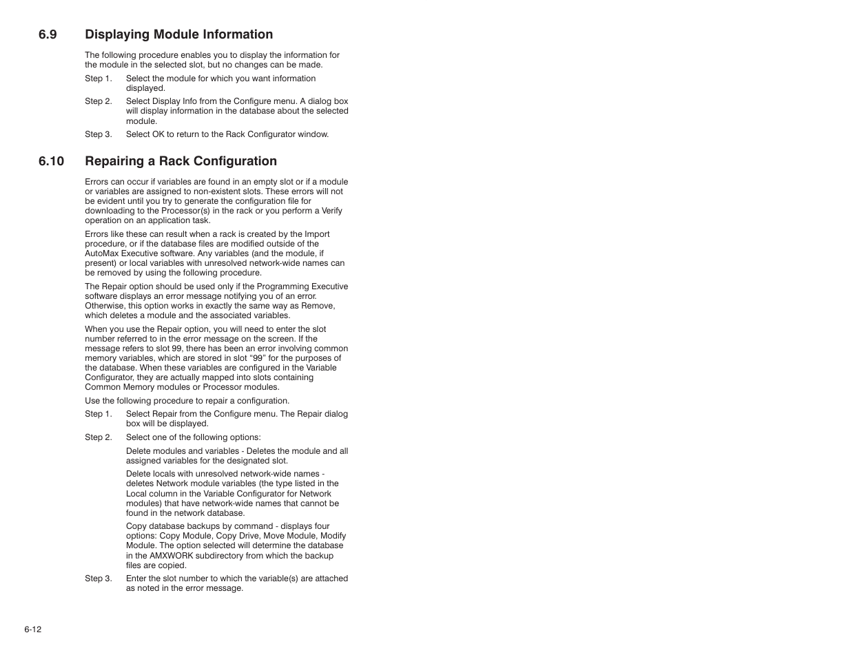 9 displaying module information, 10 repairing a rack configuration | Rockwell Automation 47C626 AutoMax Programming Executive V4.2 User Manual | Page 98 / 278