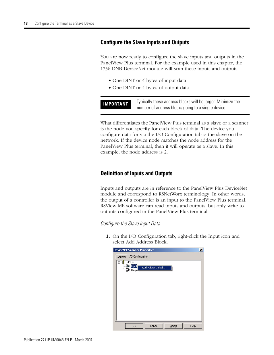 Configure the slave inputs and outputs, Definition of inputs and outputs | Rockwell Automation DeviceNet Communications for PanelView Plus and PanelView Plus CE User Manual | Page 18 / 76
