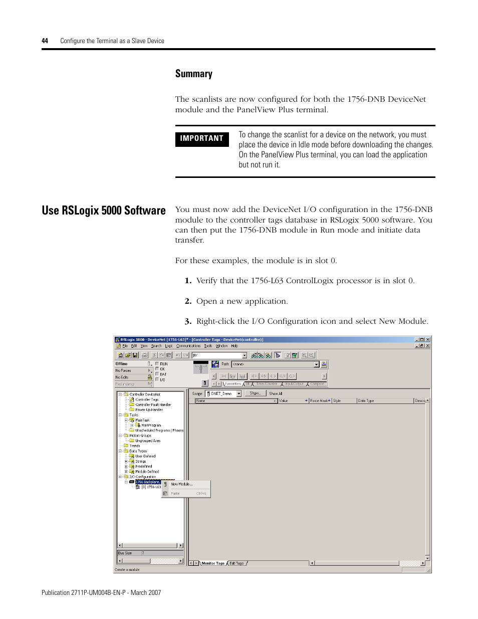 Use rslogix 5000 software, Summary | Rockwell Automation DeviceNet Communications for PanelView Plus and PanelView Plus CE User Manual | Page 44 / 76