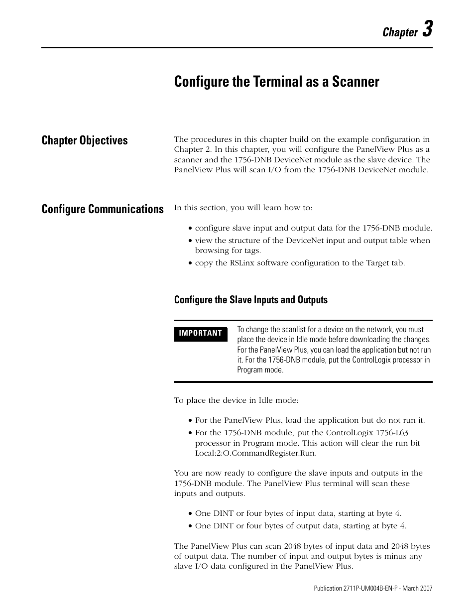 3 - configure the terminal as a scanner, Chapter objectives, Configure communications | Chapter 3, Configure the terminal as a scanner, Chapter objectives configure communications, Chapter | Rockwell Automation DeviceNet Communications for PanelView Plus and PanelView Plus CE User Manual | Page 49 / 76
