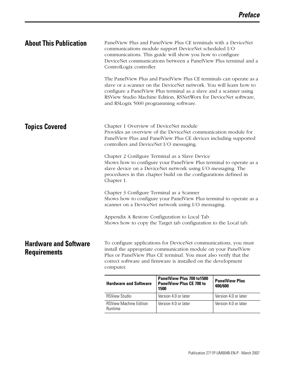 Preface, About this publication, Topics covered | Hardware and software requirements, Preface about this publication | Rockwell Automation DeviceNet Communications for PanelView Plus and PanelView Plus CE User Manual | Page 5 / 76