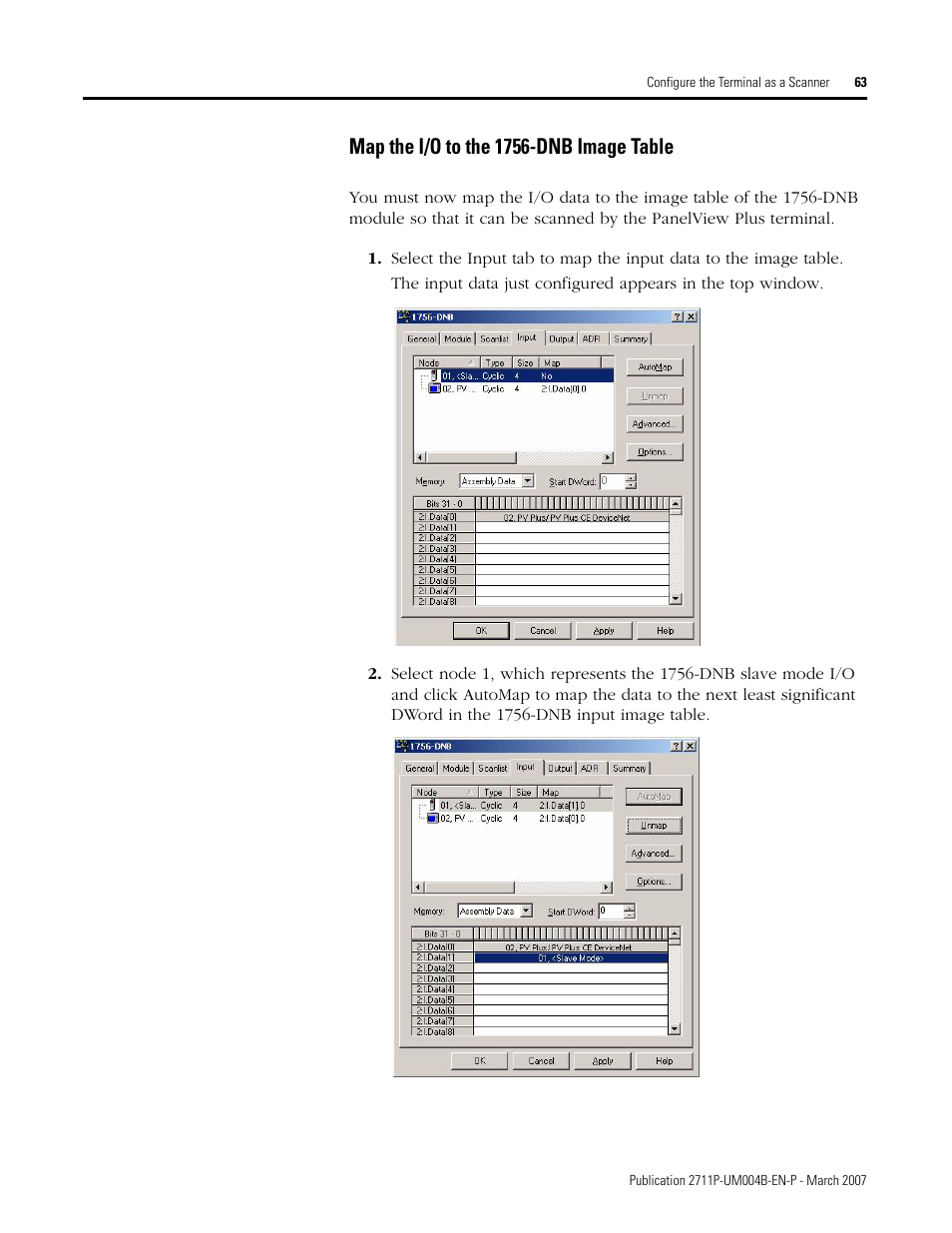 Map the i/o to the 1756-dnb image table | Rockwell Automation DeviceNet Communications for PanelView Plus and PanelView Plus CE User Manual | Page 63 / 76