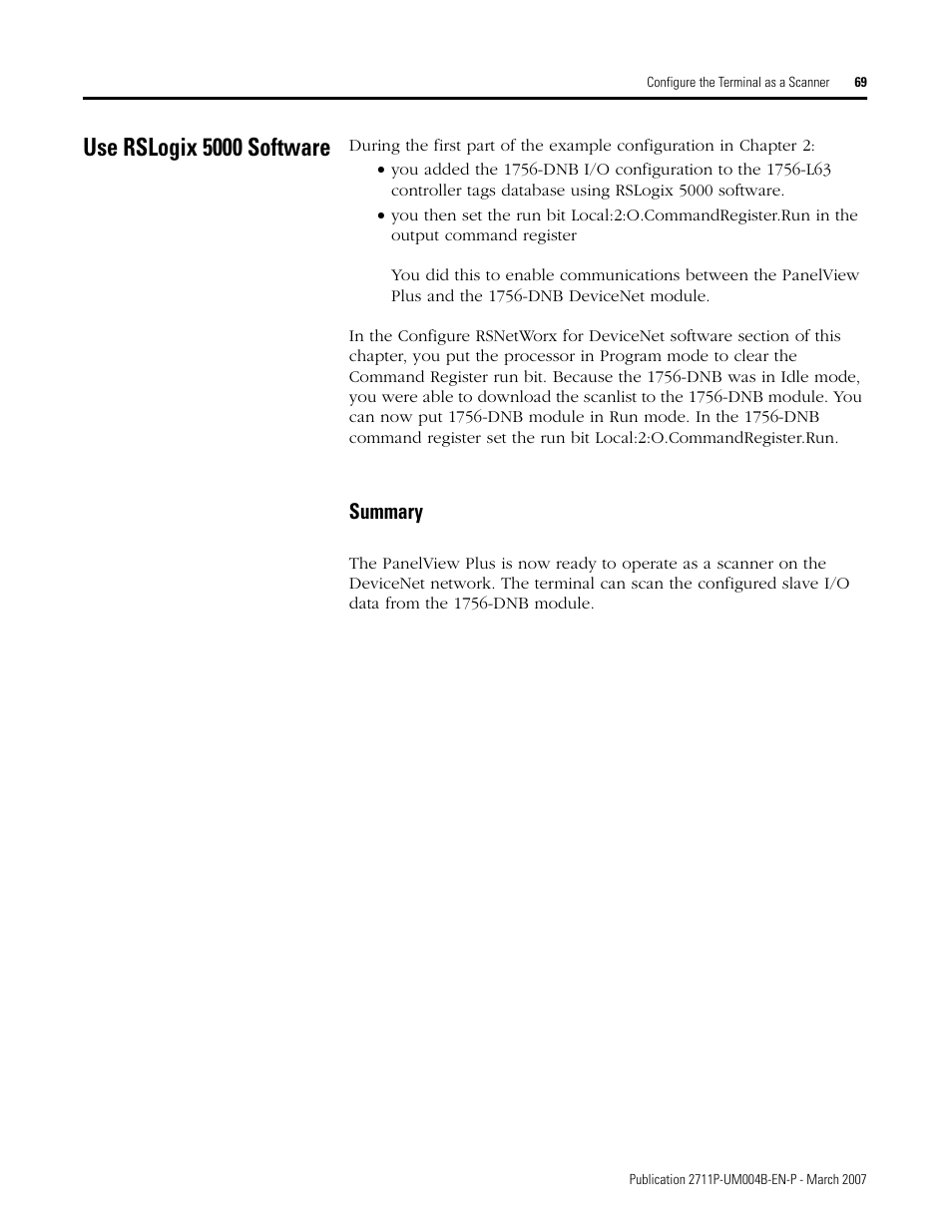 Use rslogix 5000 software, Summary | Rockwell Automation DeviceNet Communications for PanelView Plus and PanelView Plus CE User Manual | Page 69 / 76