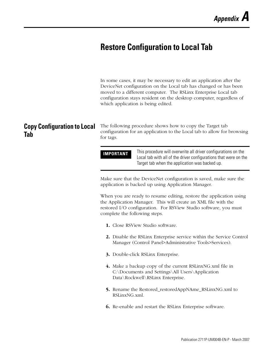 A - restore configuration to local tab, Copy configuration to local tab, Appendix a | Restore configuration to local tab, Appendix | Rockwell Automation DeviceNet Communications for PanelView Plus and PanelView Plus CE User Manual | Page 71 / 76