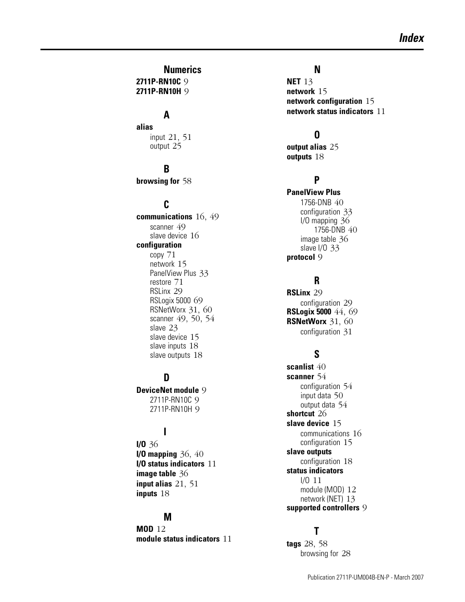 Index, Numerics | Rockwell Automation DeviceNet Communications for PanelView Plus and PanelView Plus CE User Manual | Page 73 / 76