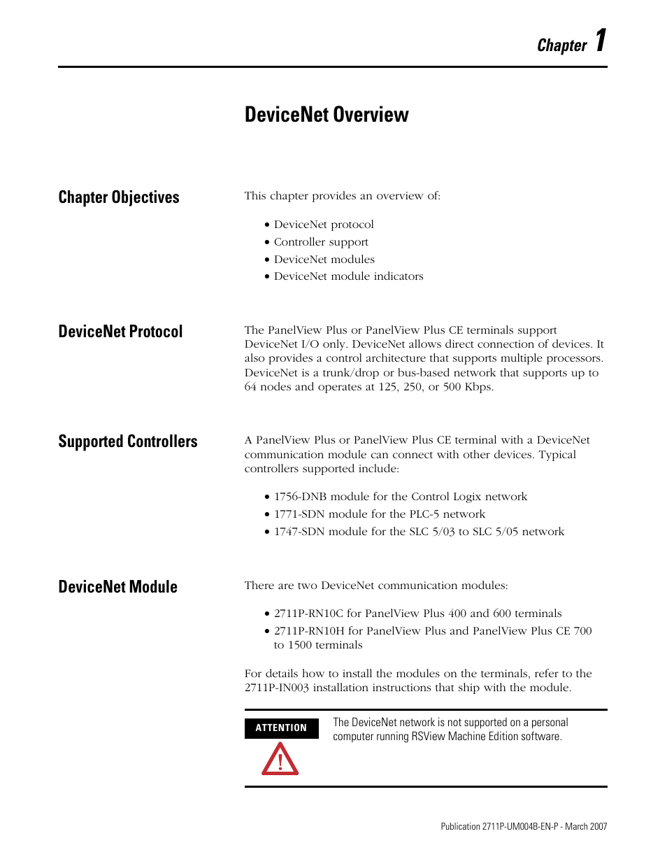 1 - devicenet overview, Chapter objectives, Devicenet protocol | Supported controllers, Devicenet module, Chapter 1, Devicenet overview, Chapter | Rockwell Automation DeviceNet Communications for PanelView Plus and PanelView Plus CE User Manual | Page 9 / 76