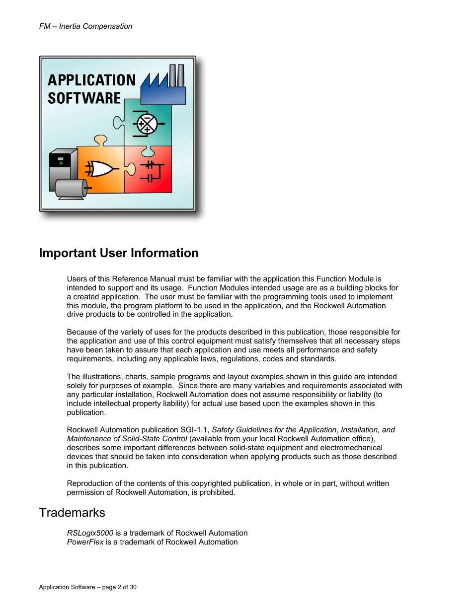 Important user information, Trademarks | Rockwell Automation 9329 Drive Application Software User Manual | Page 2 / 30