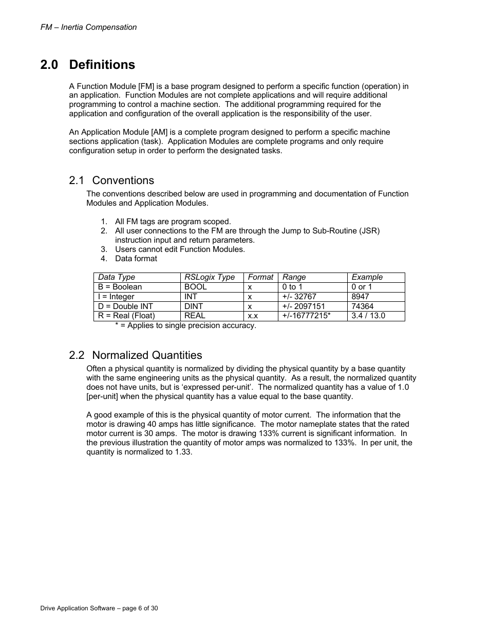 0 definitions, 1 conventions, 2 normalized quantities | Rockwell Automation 9329 Drive Application Software User Manual | Page 6 / 30