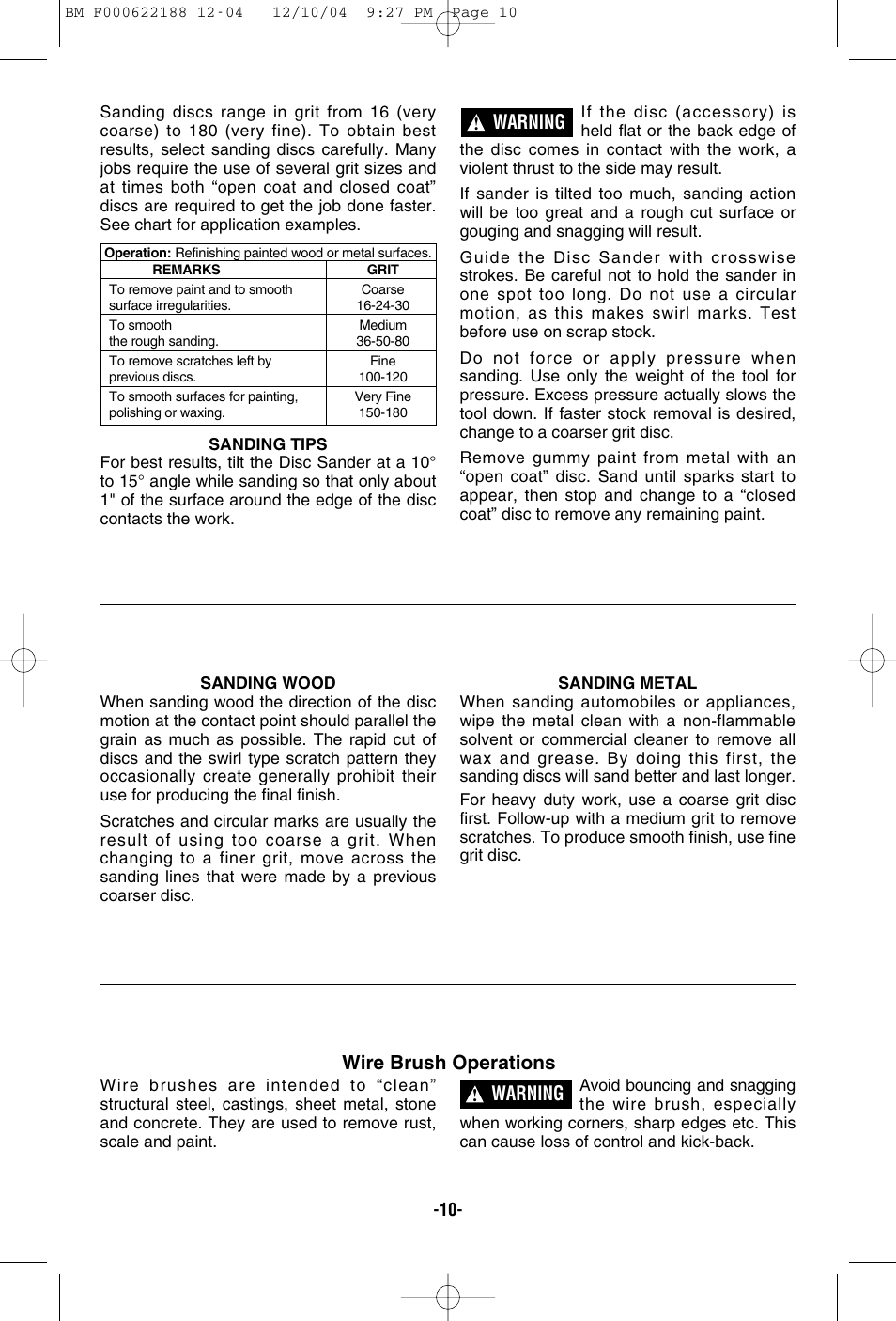 Warning wire brush operations, Warning | Bosch 1348AE User Manual | Page 10 / 36