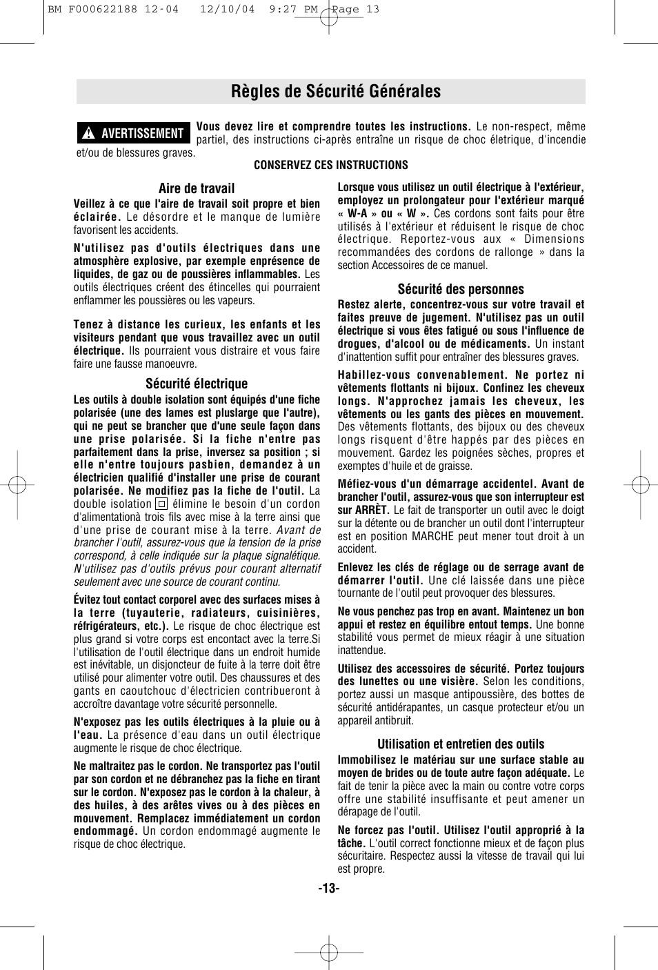 Règles de sécurité générales | Bosch 1348AE User Manual | Page 13 / 36