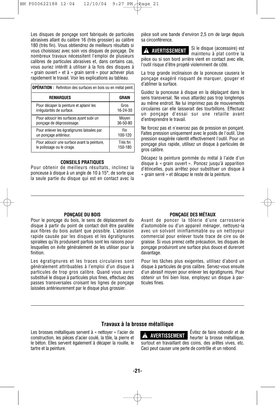 Travaux à la brosse métallique | Bosch 1348AE User Manual | Page 21 / 36