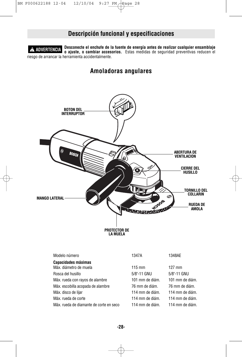 Descripción funcional y especificaciones, Amoladoras angulares | Bosch 1348AE User Manual | Page 28 / 36