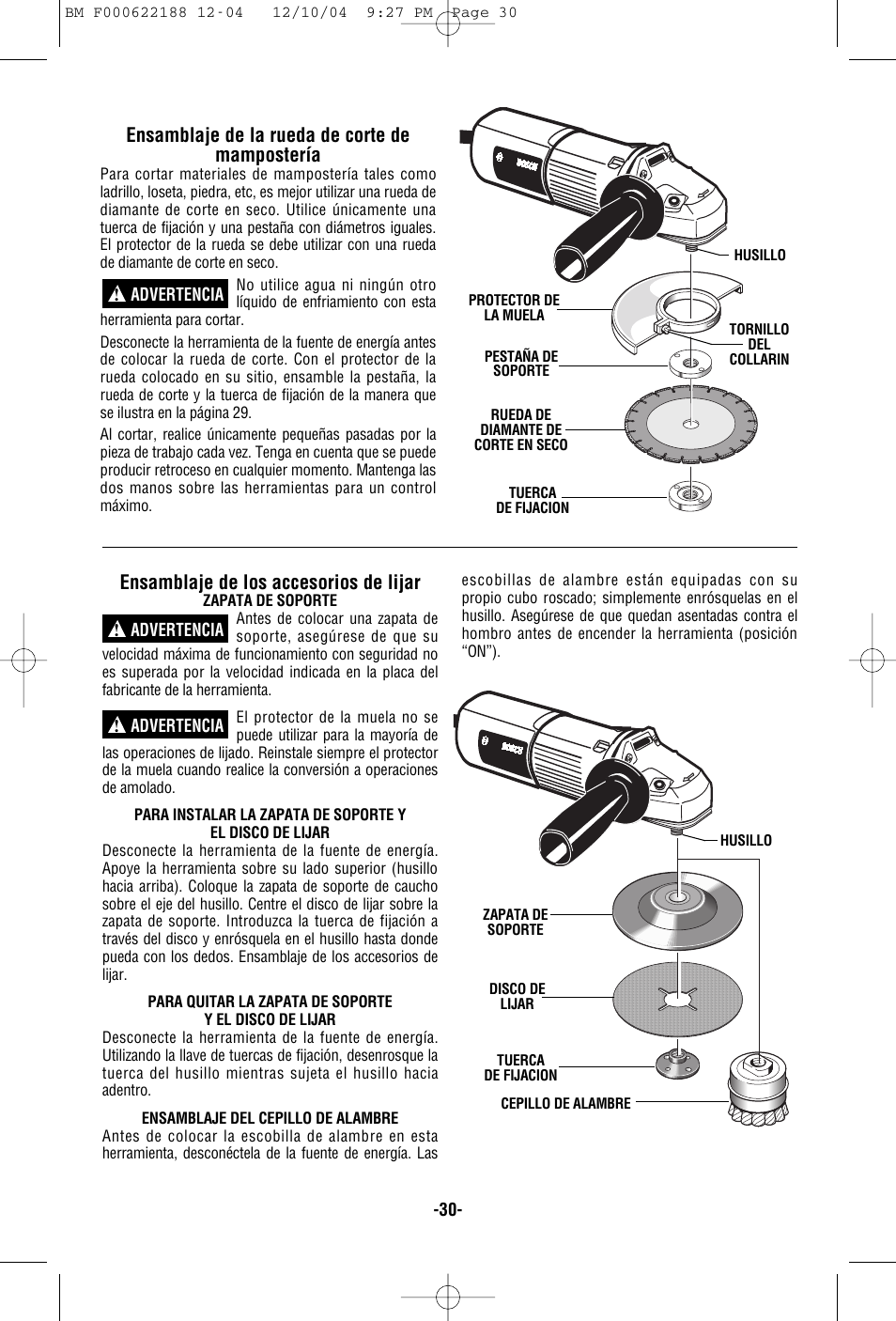Ensamblaje de los accesorios de lijar, Ensamblaje de la rueda de corte de mampostería | Bosch 1348AE User Manual | Page 30 / 36