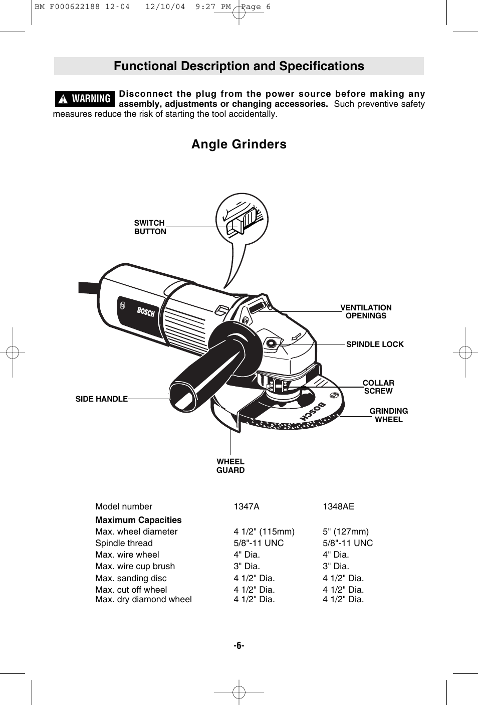 Functional description and specifications, Angle grinders | Bosch 1348AE User Manual | Page 6 / 36