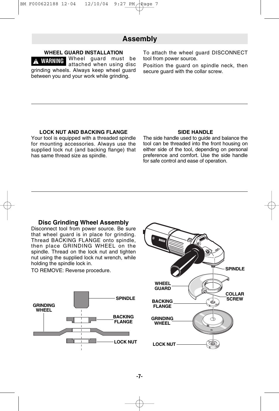 Assembly, Disc grinding wheel assembly, Warning | Bosch 1348AE User Manual | Page 7 / 36