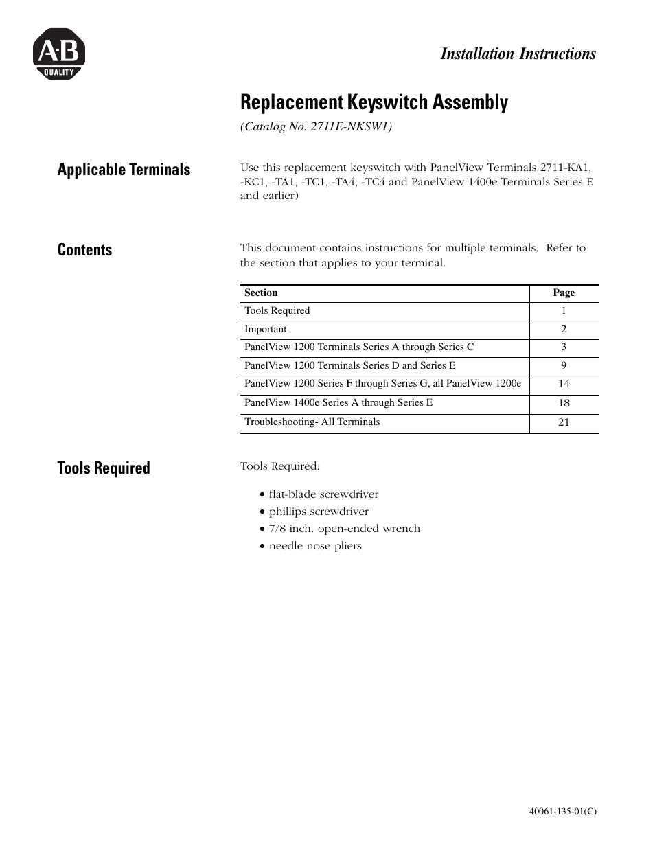 Rockwell Automation 2711E-NKSW1 Replacement Keyswitch Assembly User Manual | 24 pages