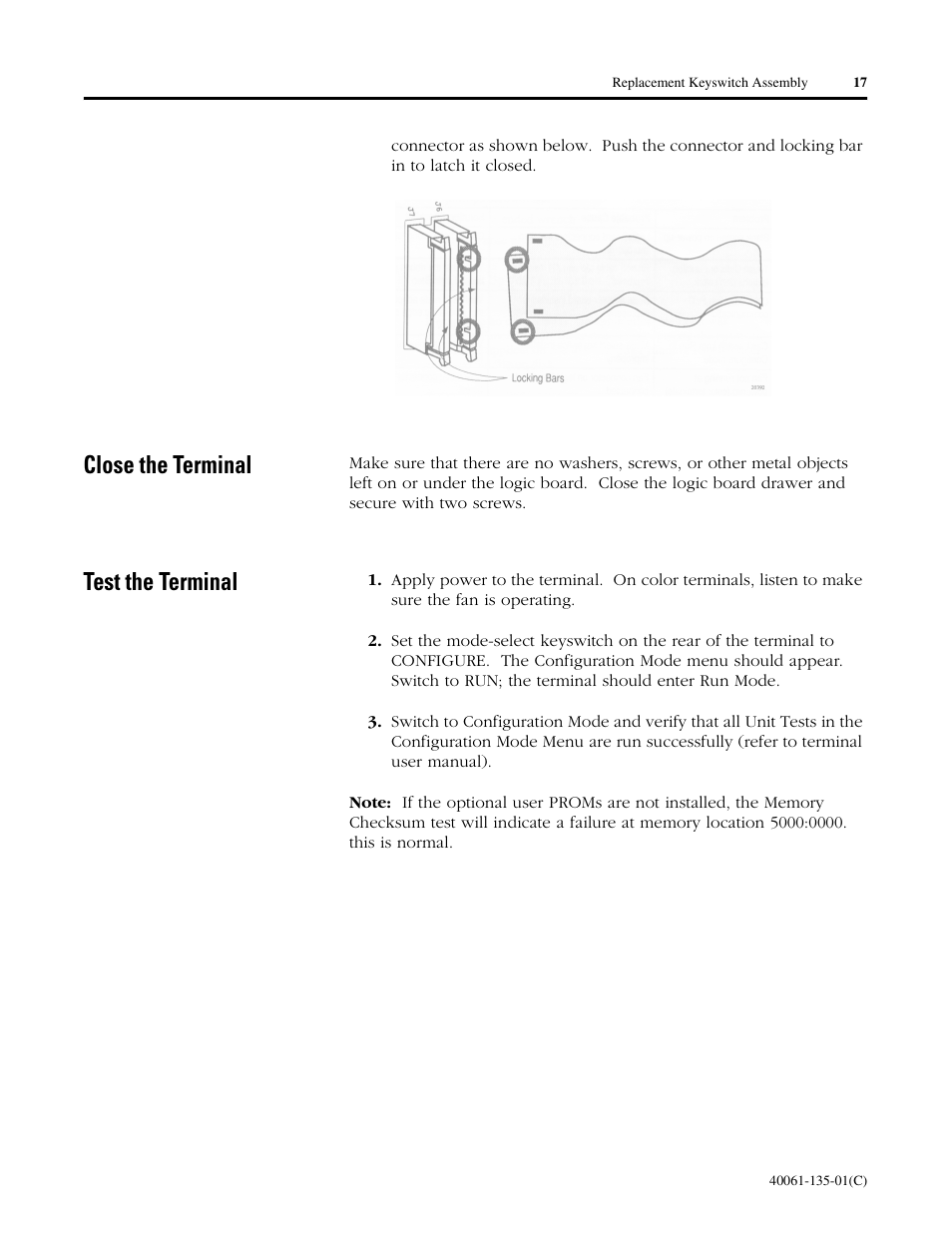 Close the terminal, Test the terminal | Rockwell Automation 2711E-NKSW1 Replacement Keyswitch Assembly User Manual | Page 17 / 24