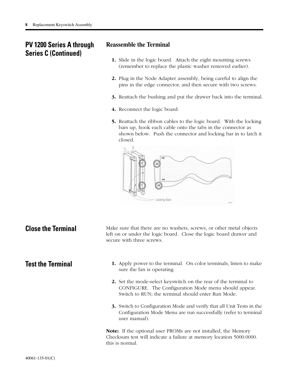 Pv 1200 series a through series c (continued), Close the terminal, Test the terminal | Rockwell Automation 2711E-NKSW1 Replacement Keyswitch Assembly User Manual | Page 8 / 24