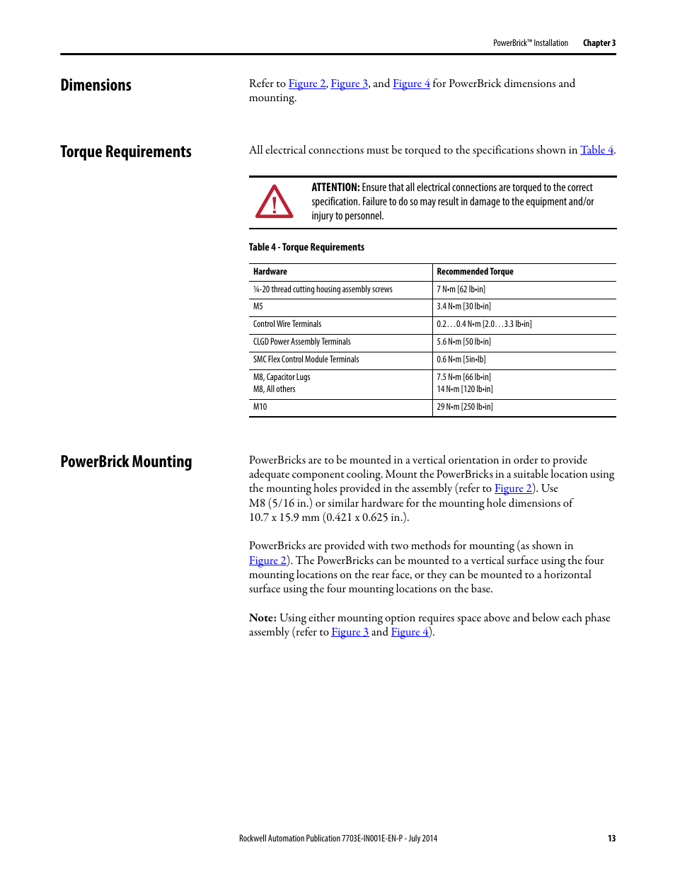 Dimensions, Torque requirements, Powerbrick mounting | Dimensions torque requirements powerbrick mounting | Rockwell Automation 7703E Medium Voltage SMC OEM Components - 10-15 kV User Manual | Page 13 / 58