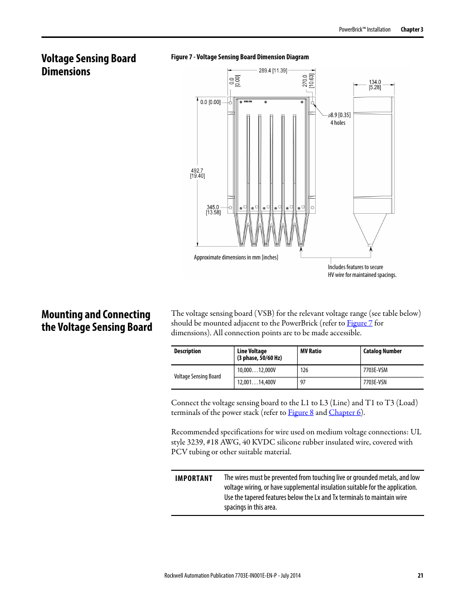 Voltage sensing board dimensions, Mounting and connecting the voltage sensing board | Rockwell Automation 7703E Medium Voltage SMC OEM Components - 10-15 kV User Manual | Page 21 / 58