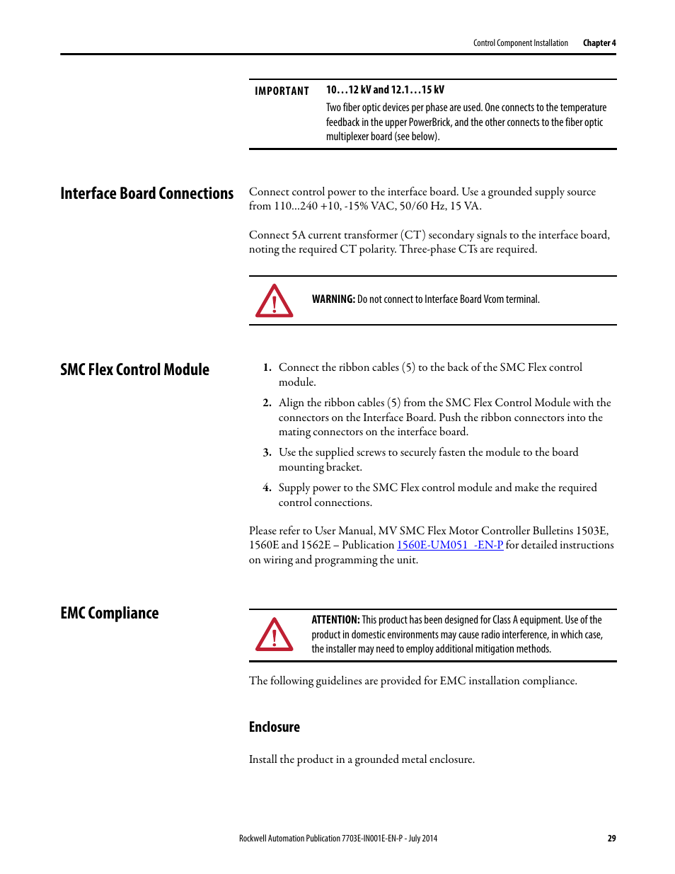 Interface board connections, Smc flex control module, Emc compliance | Enclosure | Rockwell Automation 7703E Medium Voltage SMC OEM Components - 10-15 kV User Manual | Page 29 / 58