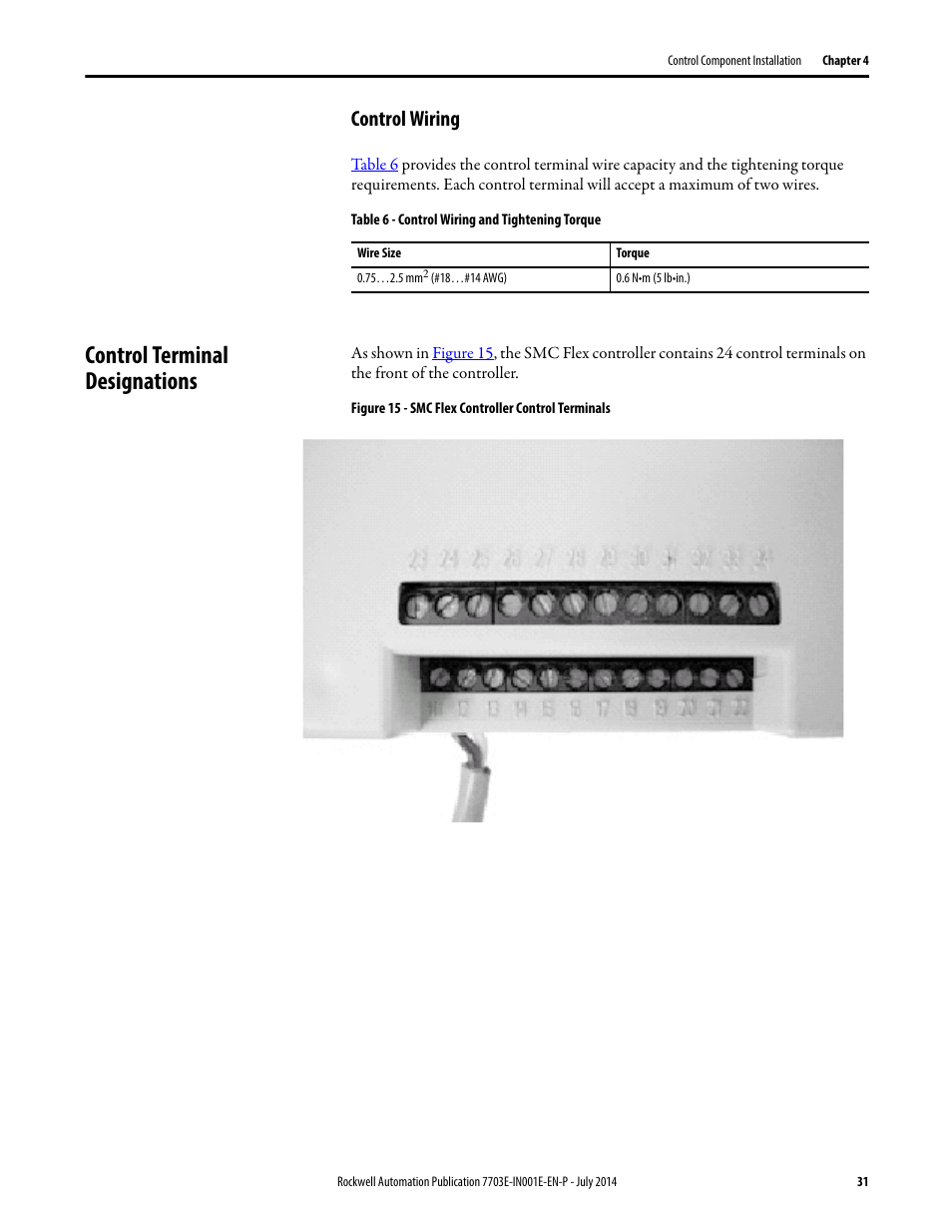 Control wiring, Control terminal designations | Rockwell Automation 7703E Medium Voltage SMC OEM Components - 10-15 kV User Manual | Page 31 / 58