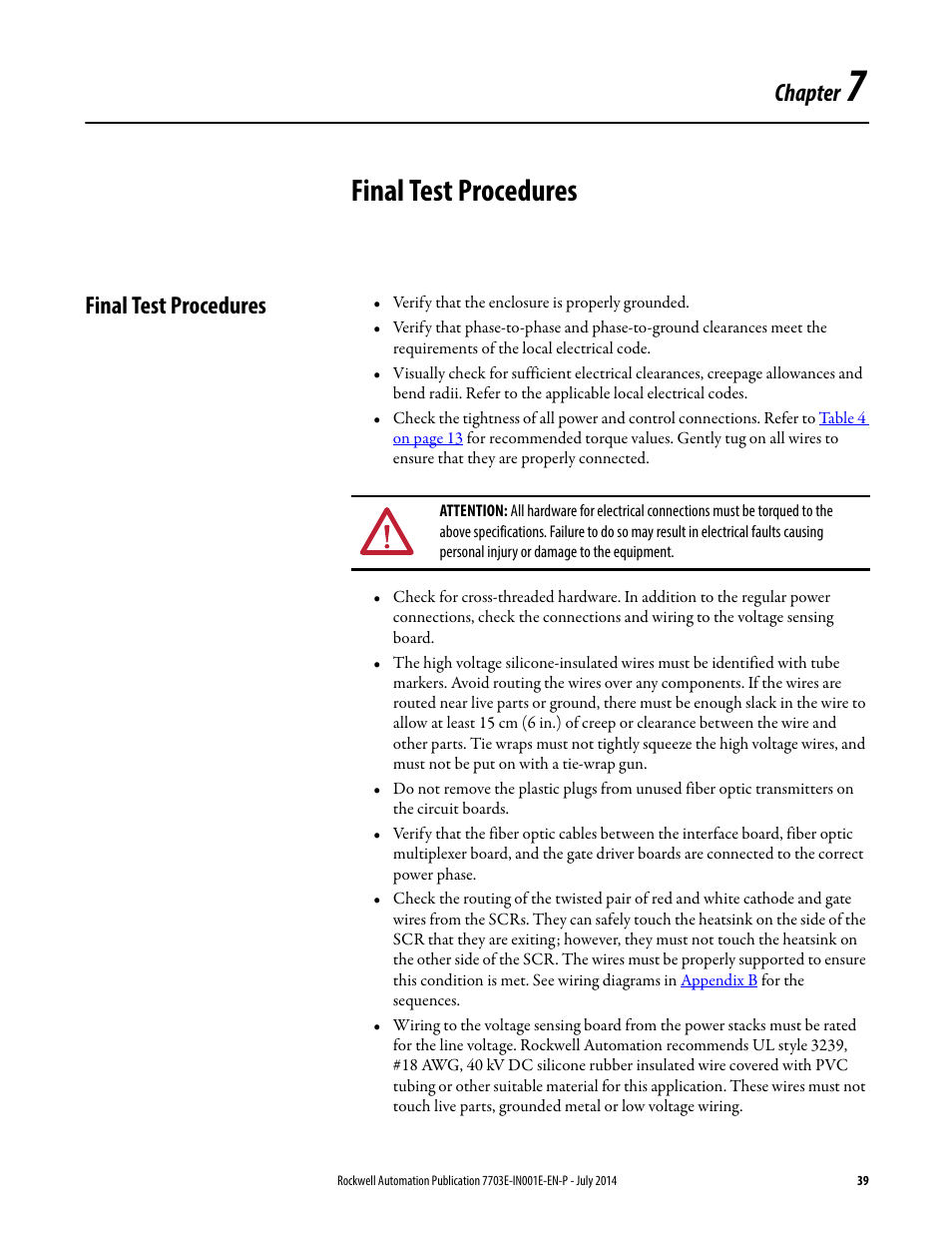 7 - final test procedures, Final test procedures, Chapter 7 | Chapter | Rockwell Automation 7703E Medium Voltage SMC OEM Components - 10-15 kV User Manual | Page 39 / 58