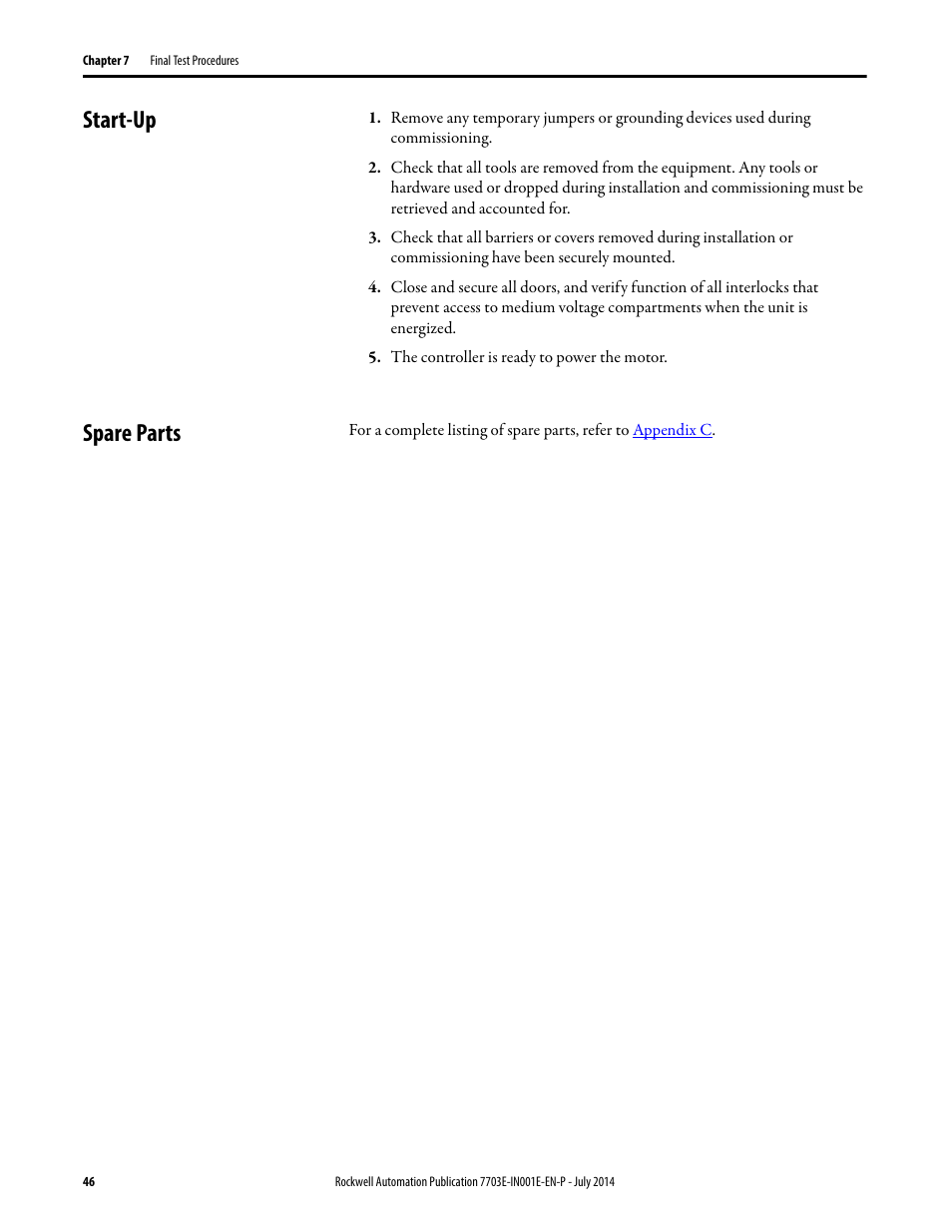 Start-up, Spare parts, Start-up spare parts | Rockwell Automation 7703E Medium Voltage SMC OEM Components - 10-15 kV User Manual | Page 46 / 58