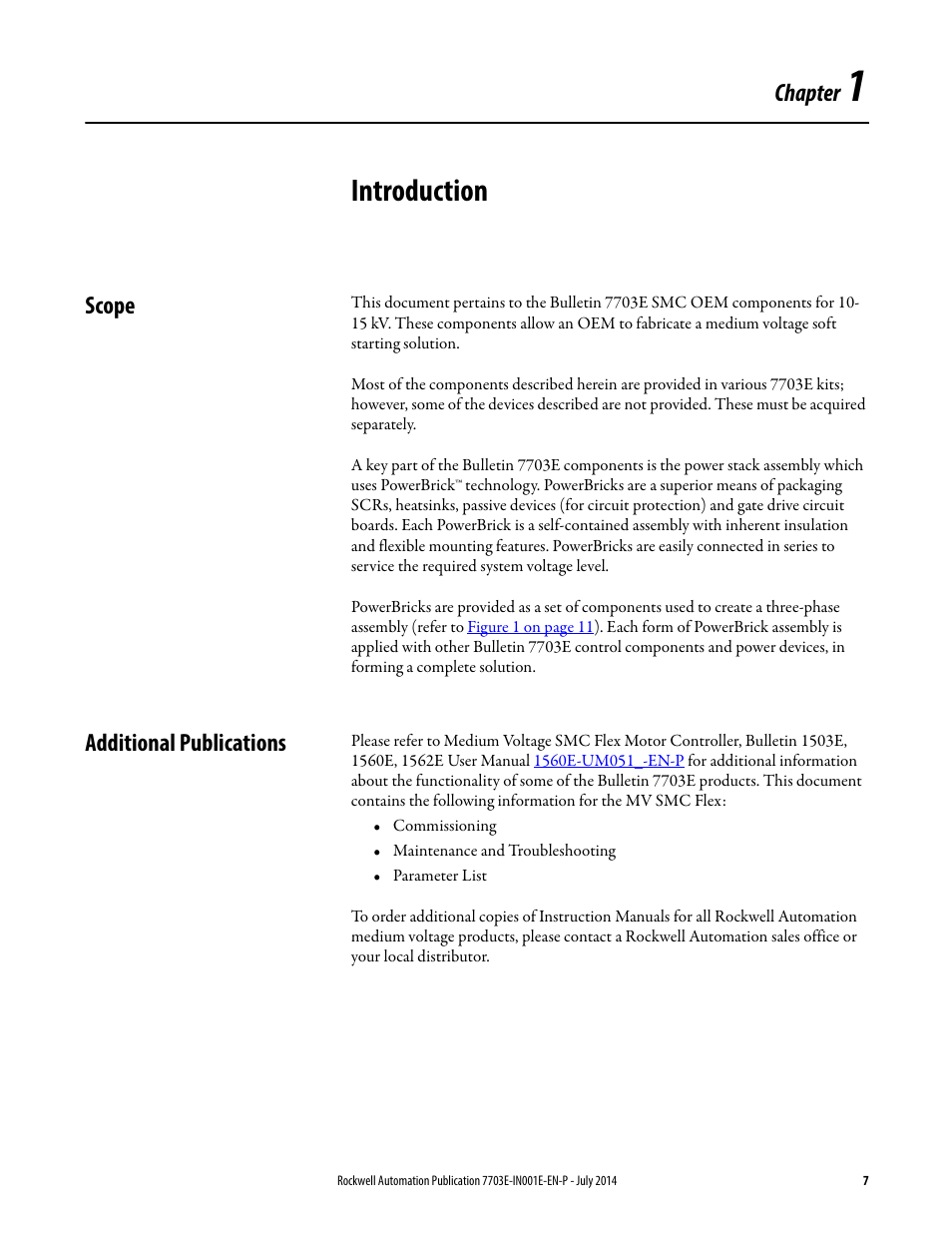 1 - introduction, Scope, Additional publications | Chapter 1, Introduction, Scope additional publications, Chapter | Rockwell Automation 7703E Medium Voltage SMC OEM Components - 10-15 kV User Manual | Page 7 / 58
